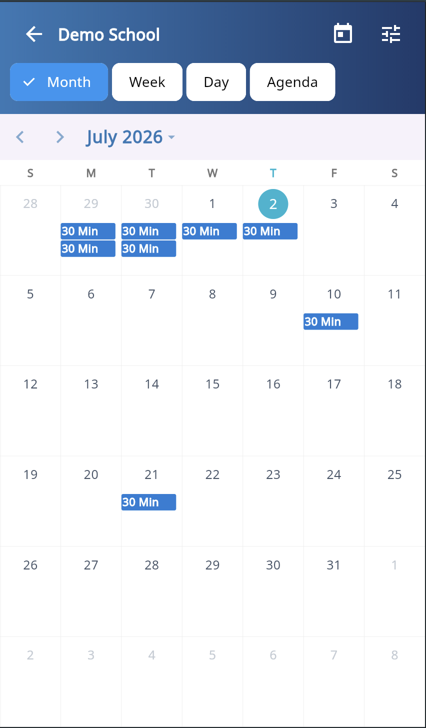 Calendar and appointment scheduling screen in the MyEncore app