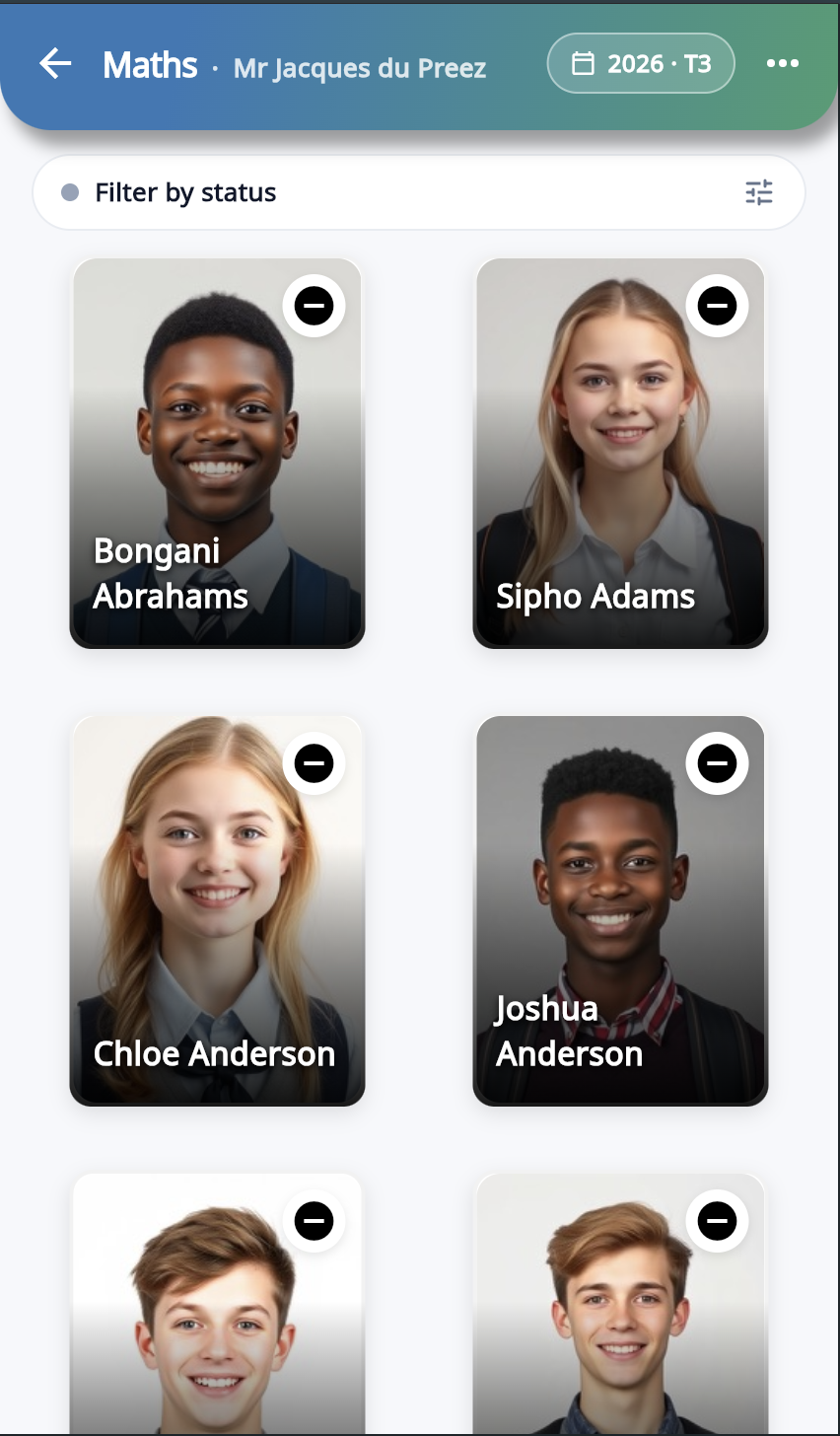 Class list with learner photos used for attendance marking