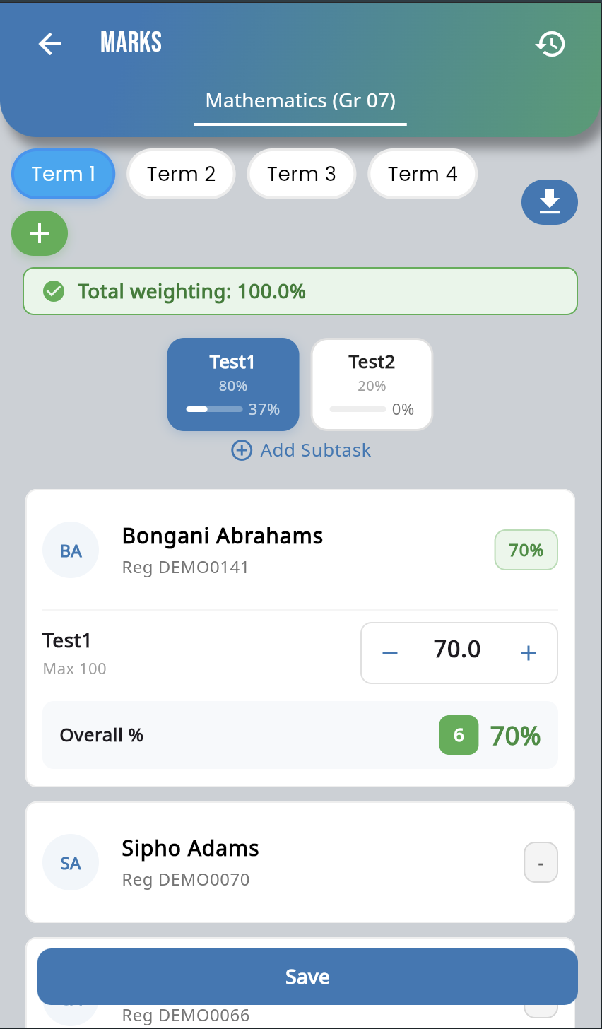 Marks capture screen teachers use to record learner assessment results