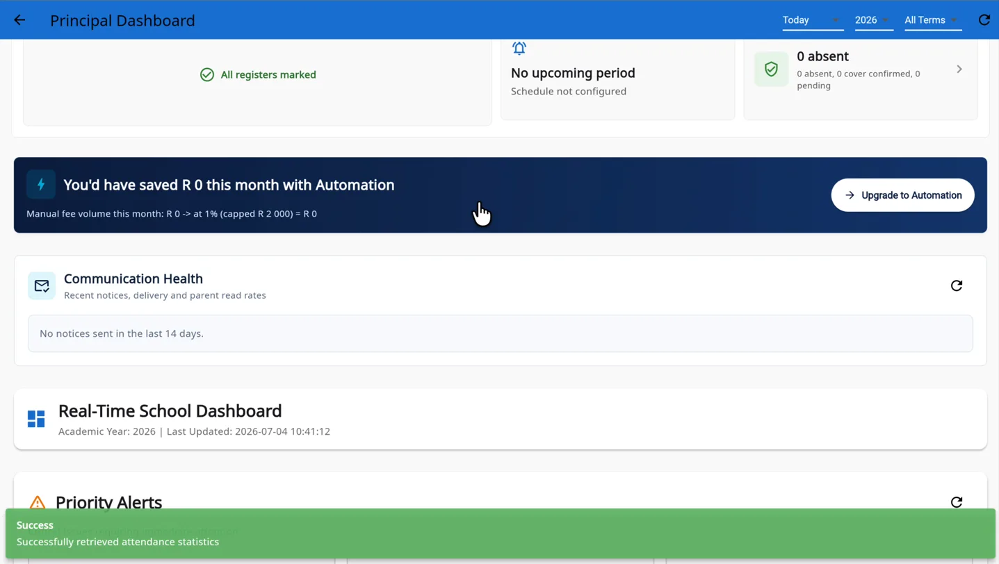 MyEncore principal dashboard — real-time attendance, staff performance and academic analytics